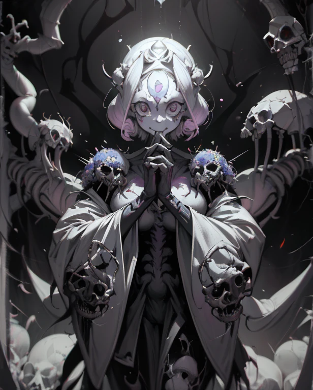 epic art by (Apterus:1.5) estilo. Una persona femenina de 3 chicas: Michelle_Conejo con una sonrisa encantadora rodeado de espeluznantes calaveras derretidas., usando un . Amazing is the best Apterus epic illustration in the world. (Apterus Correct Anatomy Painting:1.2).