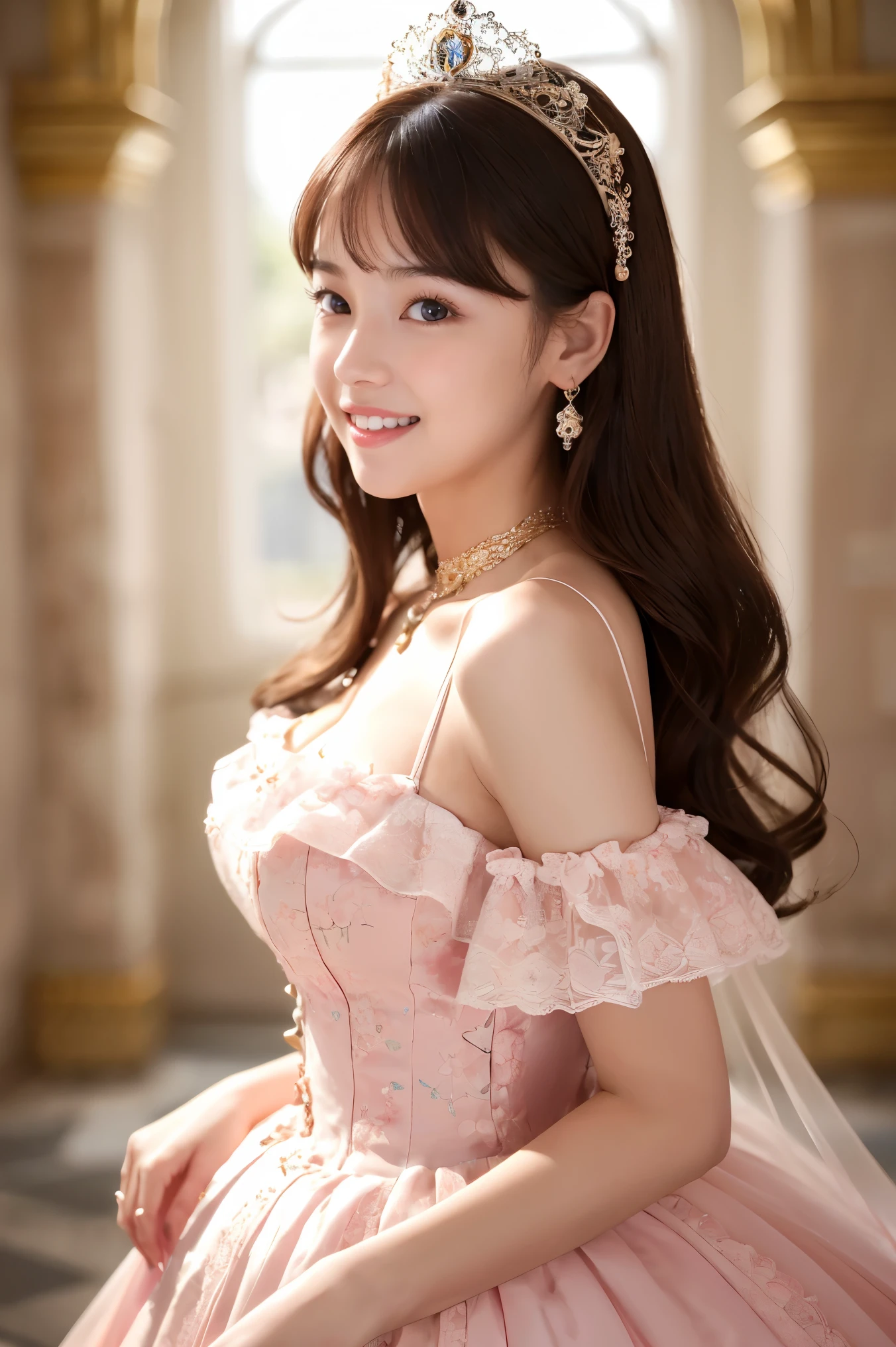 (highest quality、masterpiece、8k、Best image quality、Hyperrealism、Award-winning works)、1 cute lolita princess、(alone:1.1)、(1 photo:1.1)、(Girly and cute luxury light pink lolita princess dress:1.2)、(Cute big ribbon on the chest:1.1)、(The most extravagant and luxurious giant princess tiara:1.1)、(Huge jewellery:1.1)、(The most luxurious and finest giant princess jewelry necklace:1.1)、(A top-notch Lolita princess dress with intricate jewelry details:1.2)、(Very intricate and detailed lace decoration:1.1)、(A very intricate and elaborately decorated dress:1.1)、(The most extravagant Lolita princess dress with cute frills and ribbons:1.1)、(The most gorgeous Lolita princess dress with lovely lace decoration:1.1)、(Cute girly lolita wavy hair:1.1)、(Short:1.1)、(height: 140cm:1.1)、(Very large breasts:1.2)、(Cleavage:1.1)、Lots of cute frills、Accentuate your body lines、Slender body、Standing Elegantly、(Beautiful gorgeous palace entrance background:1.2)、(very bright and vivid:1.1)、(Bright and shiny dress:1.2)、Standing Elegantly少女、Accurate anatomy、Perfect Makeup、Long eyelashes、Glossy Lips、Ultra HD glossy skin、(Ultra-high resolution, bright and beautiful skin:1.3)、超高精細のGlossy Lips、Ultra-high resolution beautiful teeth、Ultra HD beautiful light brown hair、(Body facing forward:1.1)、(Front view:1.1)