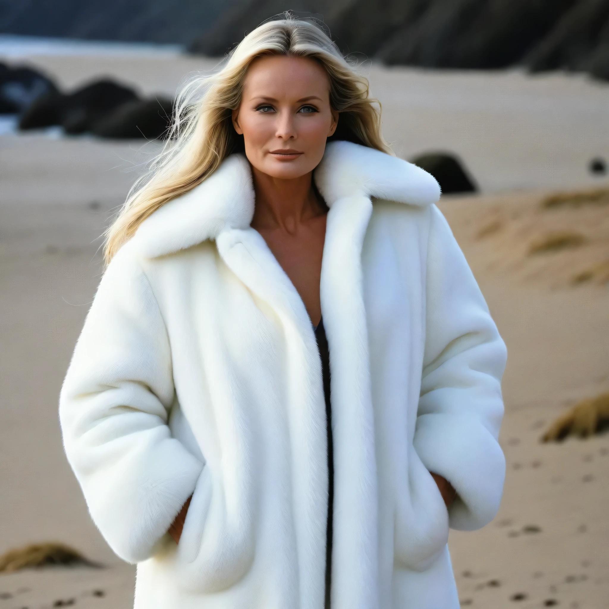 Bo derek enveloppée dans A very wide and very thick, manteau de fourrure en vison blanc, fifty centimeters d'thickness, duveteux, naturel, with an ultra thick white mink fur collar, Trois couches, bare shoulders, and two huge big tits covered by fur, alone at Venise