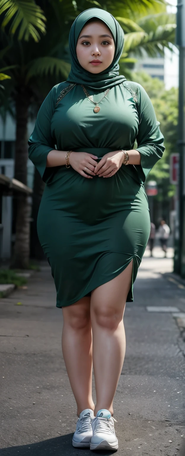 1 malay girl, modern plain hijab, shy, medium portrait, watery eyes, wearing dark green kebaya, ((big breasts)), black bokeh background, well-proportioned body,, chubby massive thighs, full body pose, wearing a necklace , wearing 10 bracelet , wearing a sneaker