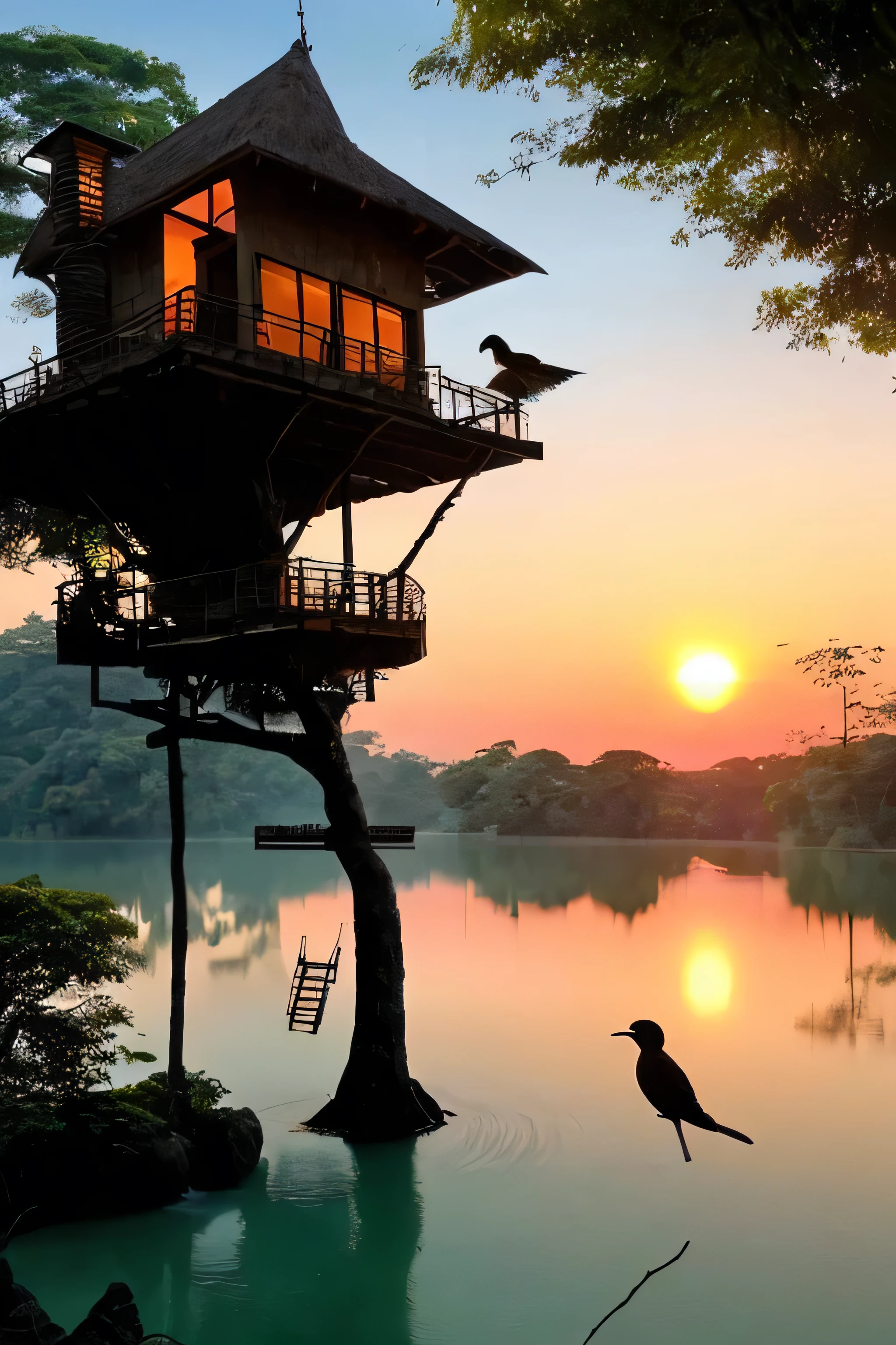 Perfection The Coolest Tree house on a large rock in the middle of the lake in the jungle with sunset, waterfall, bird flying, airroplan flying flowers in front of the house and trees on both sides of the house