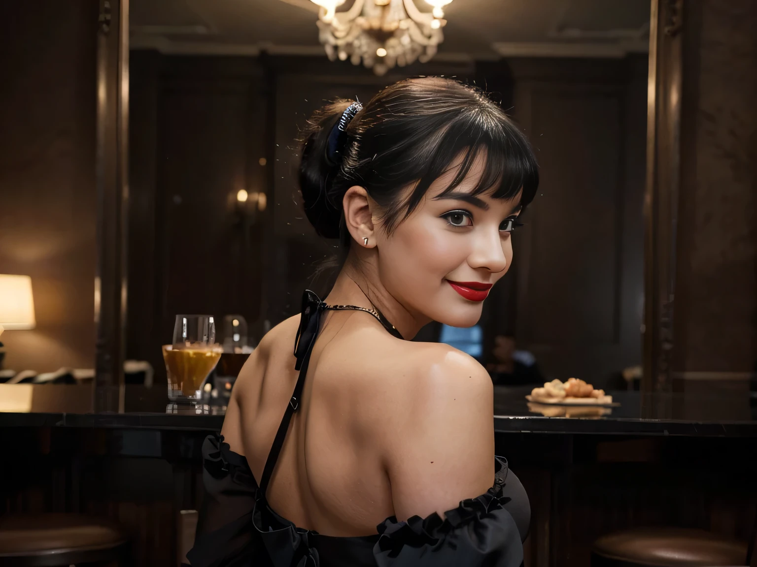 Magazine style photo of a smiling flirting with the camera Bettie page with black ponytail hair wearing a black 1900s off-the-shoulder ball dress and high black gloves inspired by Dior and Céline, red lipstick, direct lighting, at the grand hotel balloorm bar, holding from behind a gorgeous blonde woman,dark plain background, dynamic pose, beautiful body, 160 cm 50 kg, Soho, shot on Kodak Colorplus 200, film photography, f1.8 50mm lens