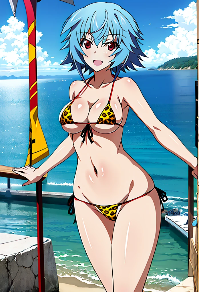 (masterpiece, 4K, highest quality, anime style: 1.9, Detailed face, Lovely, Ocean,Bold Line, High resolution, anime, Lake 4. alone, Curvaceous, Thighs, Cleavage, Medium Chest, smile, Please open your mouth wide, Very slim belly, Cowboy Shot,Leopard print micro bikini,1 girl、More application(infinite stratos),,short hair,Blue Hair,Red eyes,