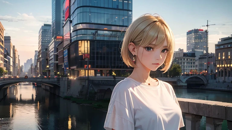 ((Masterpiece)), ((highest quality)), (Super Detail), ((High detail)), 4K, (8K), Highest quality, (beautiful), Realistic photos, Disorganized, Blonde、City at Dusk、short hair、Earrings、White T-shirt, Sad look, 自然なbeautiful光、Mature women、Shot from the side、jeans、looking away