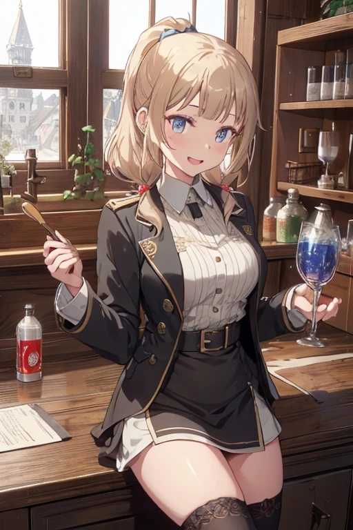 (fantasy:1.5),(anime,8k,masterpiece, top quality, best quality,beautiful and aesthetic:1.2,professional illustrasion:1.1,ultra detail:1.3,perfect lighting),extremely detailed,highest detailed,incredibly absurdres , highres, ultra detailed,intricate:1.6,(Alchemy Workshop:1.4),A girl mixing,Medicine in many small bottles,holding small potion,cute colorful:1.5,zentangle,(1girl),(girl),(Military uniform, bulletproof jacket), (double breasted,under bust:1.2), sitting at a table, cute, highest quality visual of a cute girl,eating cakes, young girl, guweiz, high quality artstyle, girl, artwork in the style of guweiz, beautiful girl, pretty girl, (highly detailed beautiful face and eyes,firm breasts),oily skin,((black,hair,long pony tail hair)),thin pubic hair,cute,lovely,24 years old,alchemist costume,Merchant's Clothing,smile,seductive weak smiling,(with sparkling eyes and a contagious smile),open mouth, Looking at Viewer,