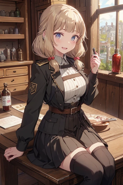 (fantasy:1.5),(anime,8k,masterpiece, top quality, best quality,beautiful and aesthetic:1.2,professional illustrasion:1.1,ultra detail:1.3,perfect lighting),extremely detailed,highest detailed,incredibly absurdres , highres, ultra detailed,intricate:1.6,(Alchemy Workshop:1.4),A girl mixing,Medicine in many small bottles,holding small potion,cute colorful:1.5,zentangle,(1girl),(girl),(Military uniform, bulletproof jacket), (double breasted,under bust:1.2), sitting at a table, cute, highest quality visual of a cute girl,eating cakes, young girl, guweiz, high quality artstyle, girl, artwork in the style of guweiz, beautiful girl, pretty girl, (highly detailed beautiful face and eyes,firm breasts),oily skin,((black,hair,long pony tail hair)),thin pubic hair,cute,lovely,24 years old,alchemist costume,Merchant's Clothing,smile,seductive weak smiling,(with sparkling eyes and a contagious smile),open mouth, Looking at Viewer,