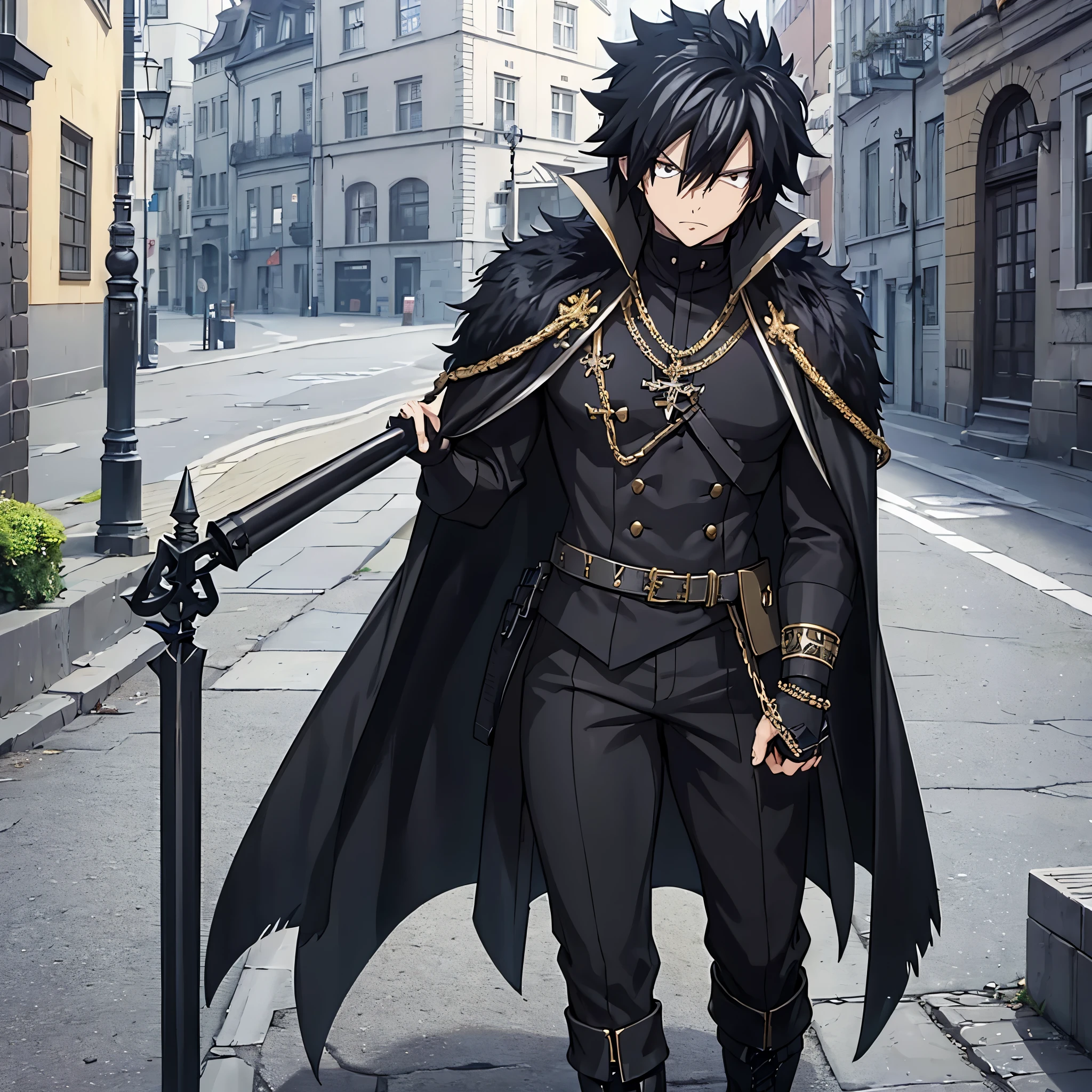 A (((powerful Gray Fullbuster))), clad in sleek, ((black military attire)) with intricate, ((gold accents)), sporting a classic Pickelhaube helmet and ((steel-toed black boots)), accessorizing with a ((sharp black metal bracelet)) and a luxurious (fur-trimmed cape) draped across his shoulders, exuding a serious demeanor as he strolls through a quaint, (Germanic town).