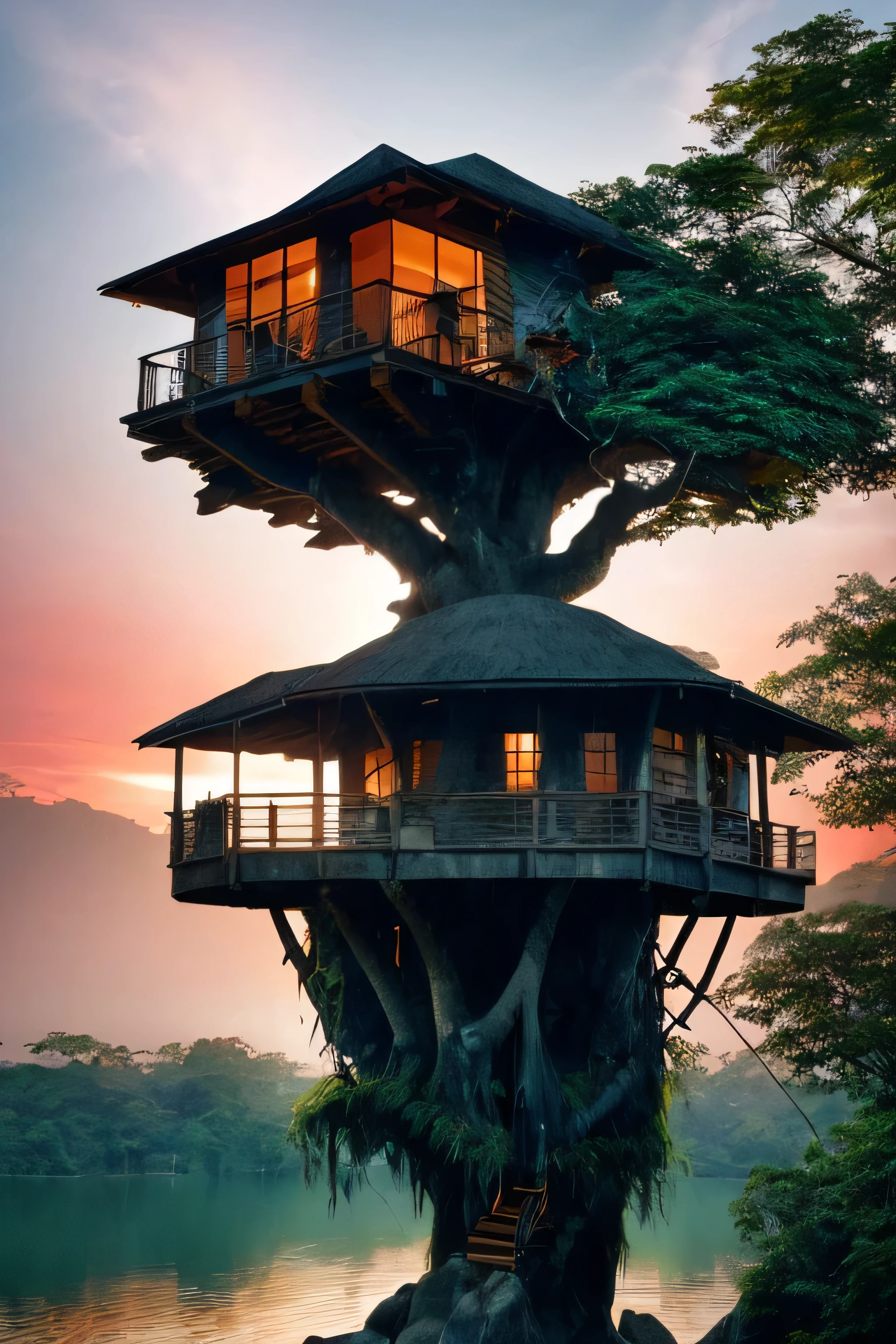 Perfection The Coolest Tree house on a large rock in the middle of the lake in the jungle with sunset, waterfall, bird flying, airroplan flying flowers in front of the house and trees on both sides of the house