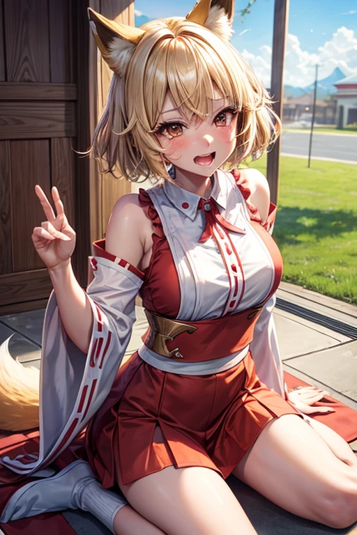 Fox Girl　Blonde Short Hair　Miko costume　Crying and pretending to be a dog　Open your mouth wide　Put your hands together　sit　