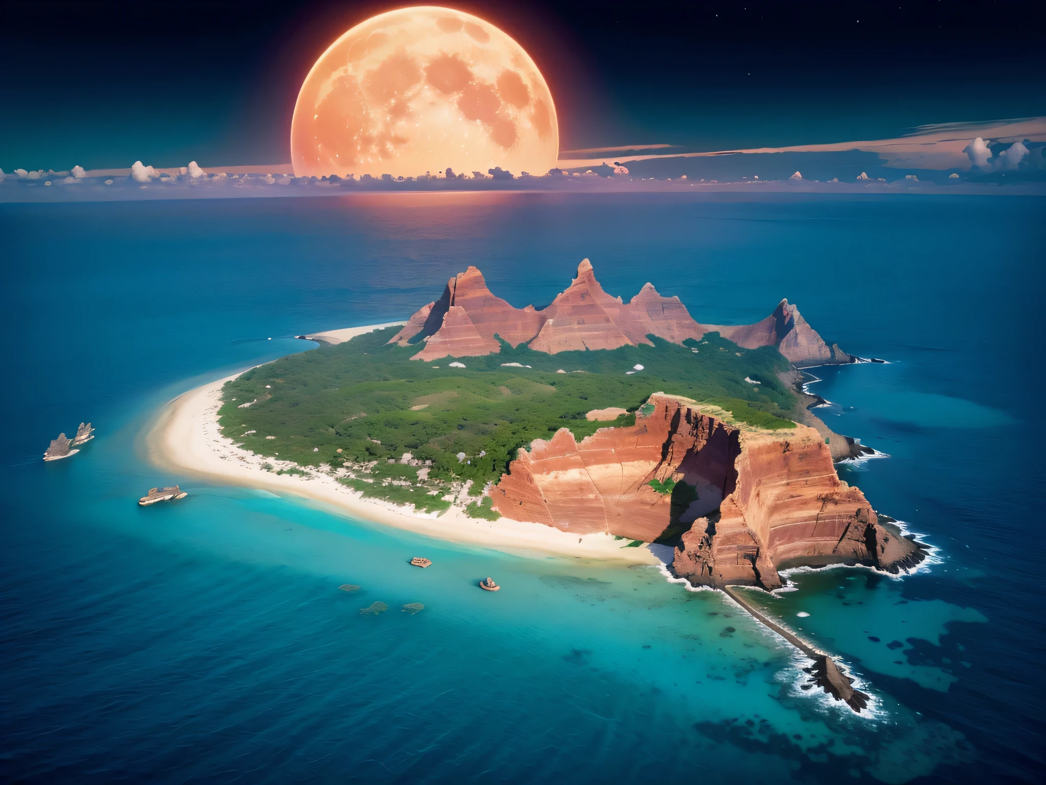 Imagine an ultra HD image that stretches across a panoramic landscape. The scene is of a distant planet, where nature flourishes in ways that defy the imagination.
In the center of the image, a paradisiacal **island** stands out, an oasis of life amidst an alien turquoise sea. The sand of the beach shines with a unique golden hue, contrasting with the lush vegetation which is a vibrant green, but with nuances of colors that do not exist on Earth.
The sky above is a spectacle in itself. Dominating the sky, a **red giant** bathes the landscape in a soft, warm light, creating long, soft shadows. This star, much bigger and colder than our Sun, tints the sky in shades of orange, pink and purple.
But what really catches the eye are the **moons**. More than one, they dot the sky with their bright disks, each one different in size, color and pattern. One is bluish with dark spots, another is emerald green with rays of silver light emanating from its surface, and the third is smaller, a deep red that perfectly complements the red giant.
The image conveys a sense of **peace**, with the tranquillity of the alien sea and the stillness of the island paradise. But there is also a sense of **surprise** and wonder, with the sight of the moons and the red giant, and the familiar strangeness of the landscape.
This is an image that humanity has never seen before, a vision of a paradise in another world, under the light of a red giant and its colorful moons. It is an image that captures the imagination and inspires dreams of exploration and discovery.
Translated with DeepL.com (free version)