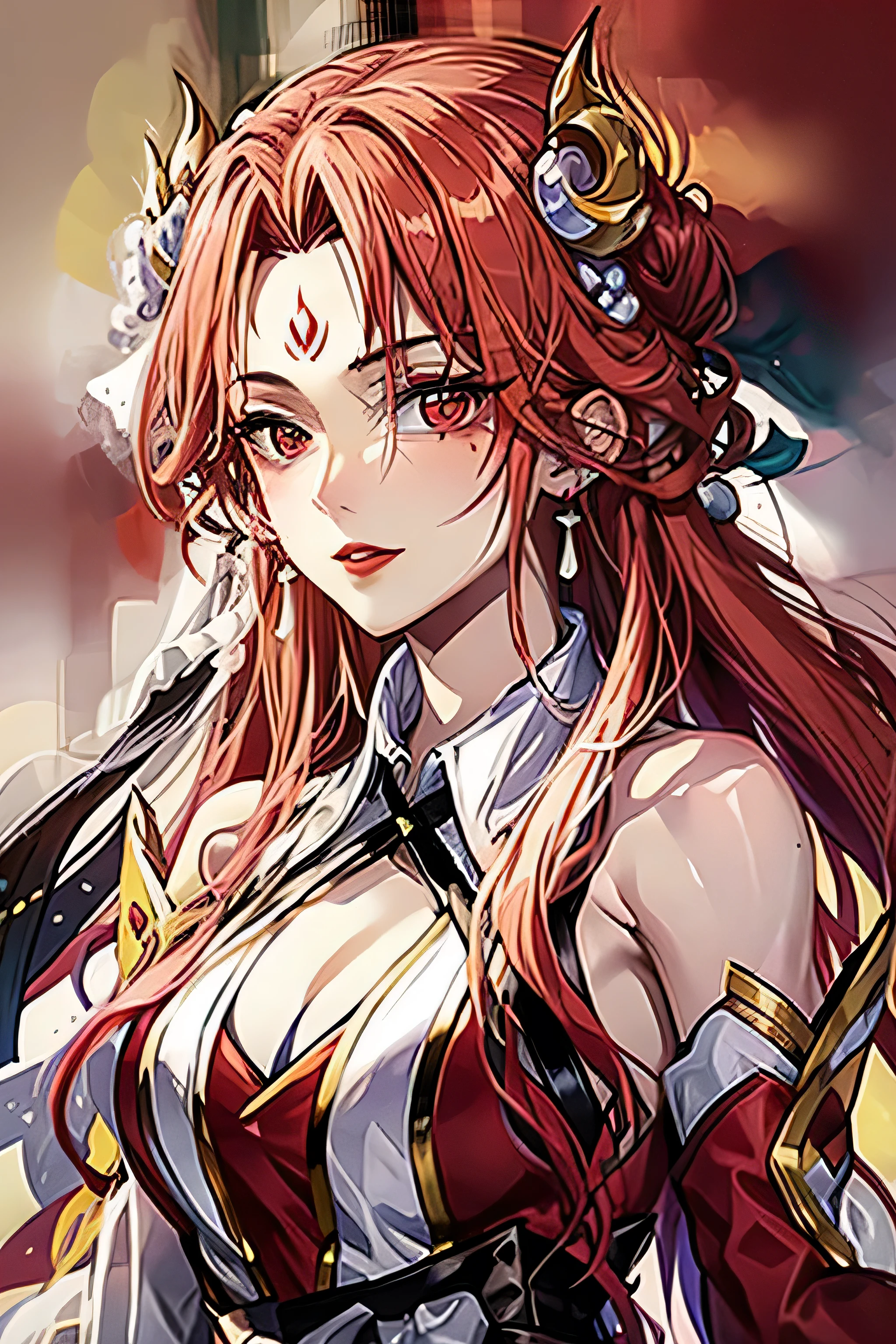 Girl, young and beautiful, tall and beautiful, fair face, perfect features, tall and beautiful, fair skin, good figure, heroic and valiant, heroic and valiant, wearing ancient Chinese armor, female general, Chinese landscape background, standing on the top of the mountain, 500 years ago, starry night, realistic, detailed, 8k, mix4,   red_dress,starry sky, fire, red hair, solo, hair ornament, long hair, red eyes, jewelry, earrings, dress, bare shoulders, red lips, upper body, white background, facial mark, crescent, lipstick, forehead mark, looking at viewer