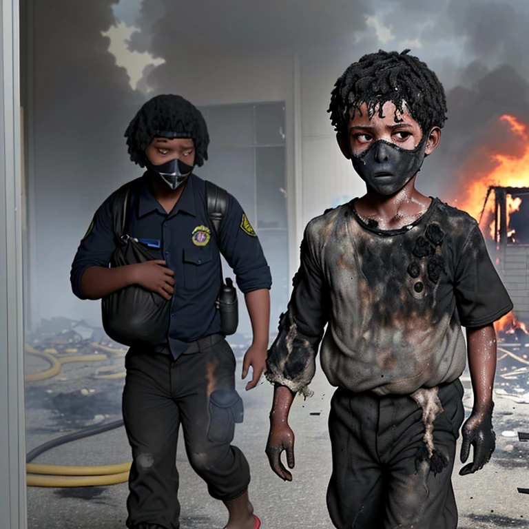 An was caught in the explosion, covered in soot, in rags, and his clothes were burned.