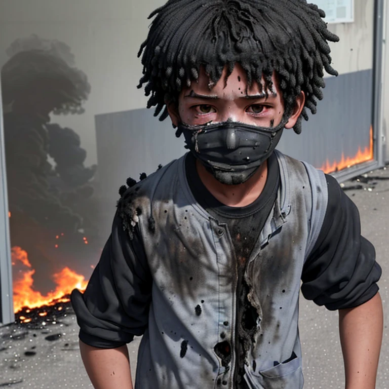 An elementary school boy was caught in the explosion, covered in soot, in rags, and his clothes were burned.