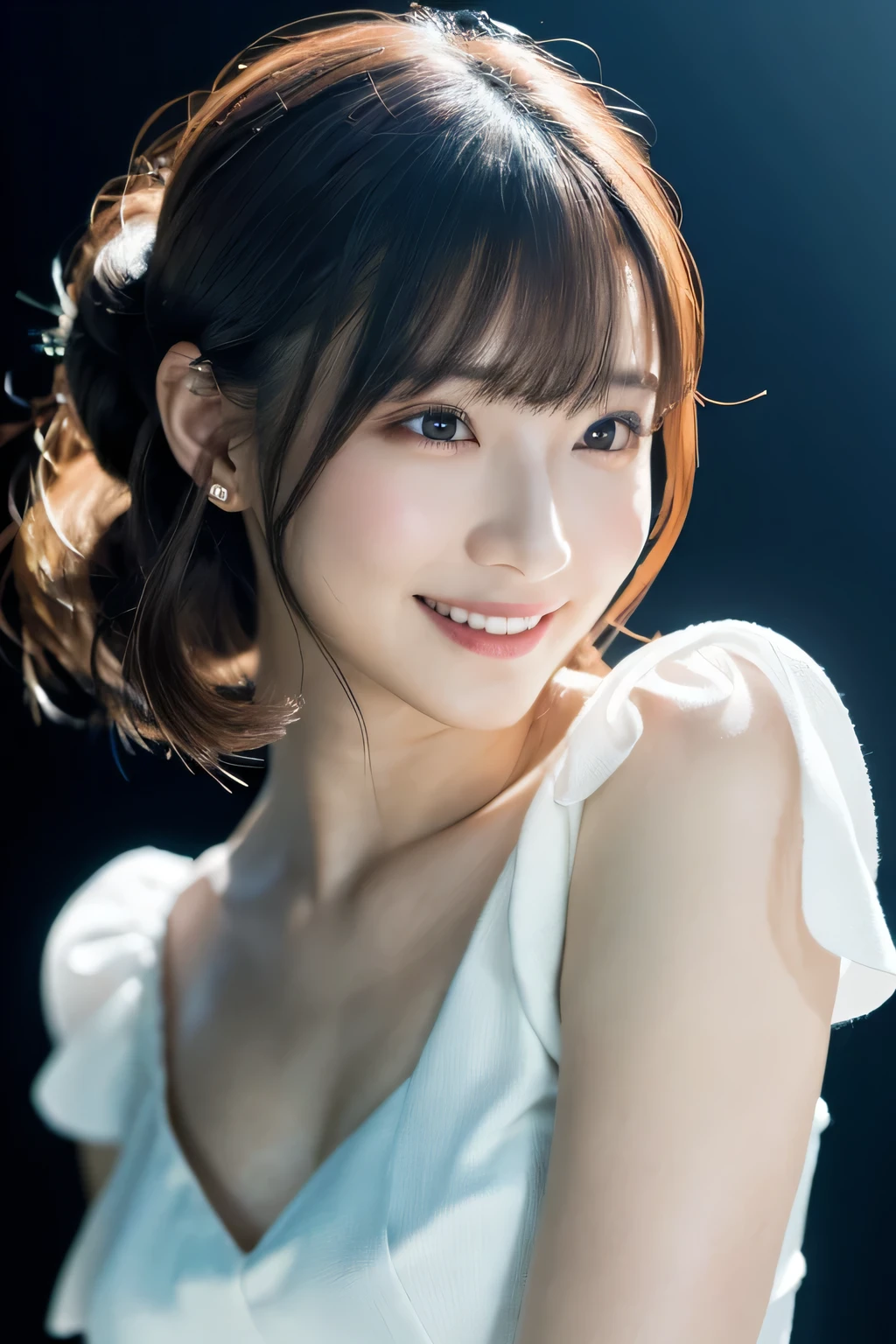 1 girl, (Wearing a white stage costume:1.2), Very beautiful Japanese idol portraits, 
(RAW Photos, highest quality), (Realistic, Realistic:1.4), (masterpiece), 
Very delicate and beautiful, Very detailed, 2k wallpaper, wonderful, finely, Very detailed CG Unity 8K wallpaper, Very detailed, High resolution, Soft Light, 
Beautiful detailed girl, Very detailed目と顔, Beautiful and sophisticated nose, Finely beautiful eyes, Cinema Lighting, 
(Simple light color background:1.3),
(Medium Hair), (bangs), 
Complete Anatomy, Slender body, Small breasts, smile