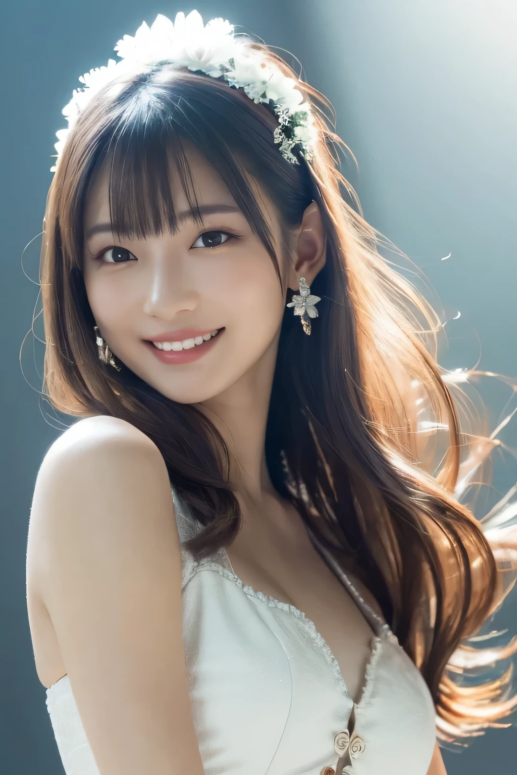 1 girl, (Wearing a white stage costume:1.2), Very beautiful Japanese idol portraits, 
(RAW Photos, highest quality), (Realistic, Realistic:1.4), (masterpiece), 
Very delicate and beautiful, Very detailed, 2k wallpaper, wonderful, finely, Very detailed CG Unity 8K wallpaper, Very detailed, High resolution, Soft Light, 
Beautiful detailed girl, Very detailed目と顔, Beautiful and sophisticated nose, Finely beautiful eyes, Cinema Lighting, 
(Simple light color background:1.3),
(Medium Hair), (bangs), 
Complete Anatomy, Slender body, Small breasts, smile