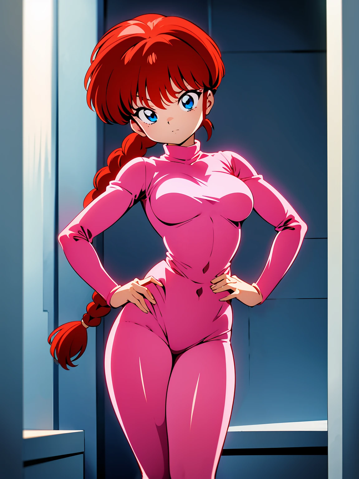 Redhead anime girl wearing pink latex top and black leather pants, garota *******, corpo bonito, seios grandes, red hair with braid, beautiful lighting, olhos azuis, pernas bonitas, agachada, on your knees on the floor, hands on hip, hands on her waist, hair with a braid, estilo anime, desenho anime, Ranma Chan, Autora Rumiko Takahashi, Baseado em obra de Rumiko Takahashi, Anime ranma 1/2, seios grandes, decote sexy, belo quadril robusto, seios bonitos, corpo inteiro, seios lindos, corpo completo, garota jovem com corpo belo e bonito, plano de fundo em branco, sem plano de fundo