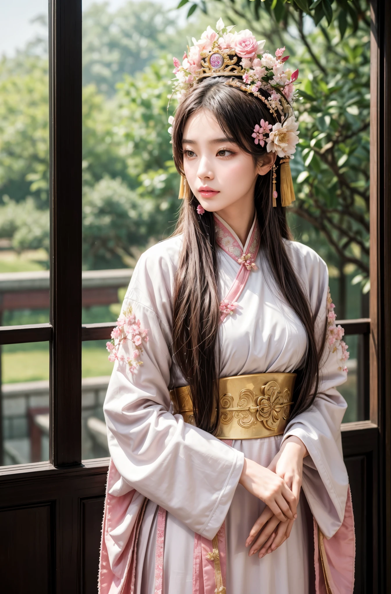 araffe woman in a pink dress with a flower crown on her head, a colorized photo inspired by Lan Ying, trending on cg society, realism, hanfu, palace , a girl in hanfu, ancient chinese princess, a beautiful fantasy empress, ancient china art style, ancient asian dynasty princess, chinese empress, white hanfu, chinese princess,looking down,