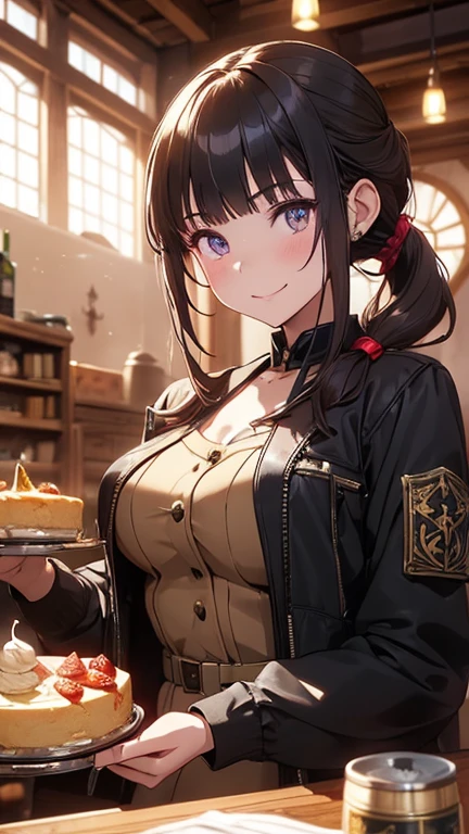 (fantasy:1.5),(anime,8k,masterpiece, top quality, best quality,beautiful and aesthetic:1.2,professional illustrasion:1.1,ultra detail:1.3,perfect lighting),extremely detailed,highest detailed,incredibly absurdres , highres, ultra detailed,intricate:1.6,(Alchemy Workshop:1.4),A girl mixing,Medicine in many small bottles,holding small potion,cute colorful:1.5,zentangle,(1girl),(girl),(Military uniform, bulletproof jacket), (double breasted,under bust:1.2), sitting at a table, cute, highest quality visual of a cute girl,eating cakes, young girl, guweiz, high quality artstyle, girl, artwork in the style of guweiz, beautiful girl, pretty girl, (highly detailed beautiful face and eyes,firm breasts),oily skin,((black,hair,long pony tail hair)),thin pubic hair,cute,lovely,24 years old,alchemist costume,Merchant's Clothing,smile,seductive weak smiling,(with sparkling eyes and a contagious smile),open mouth, Looking at Viewer,