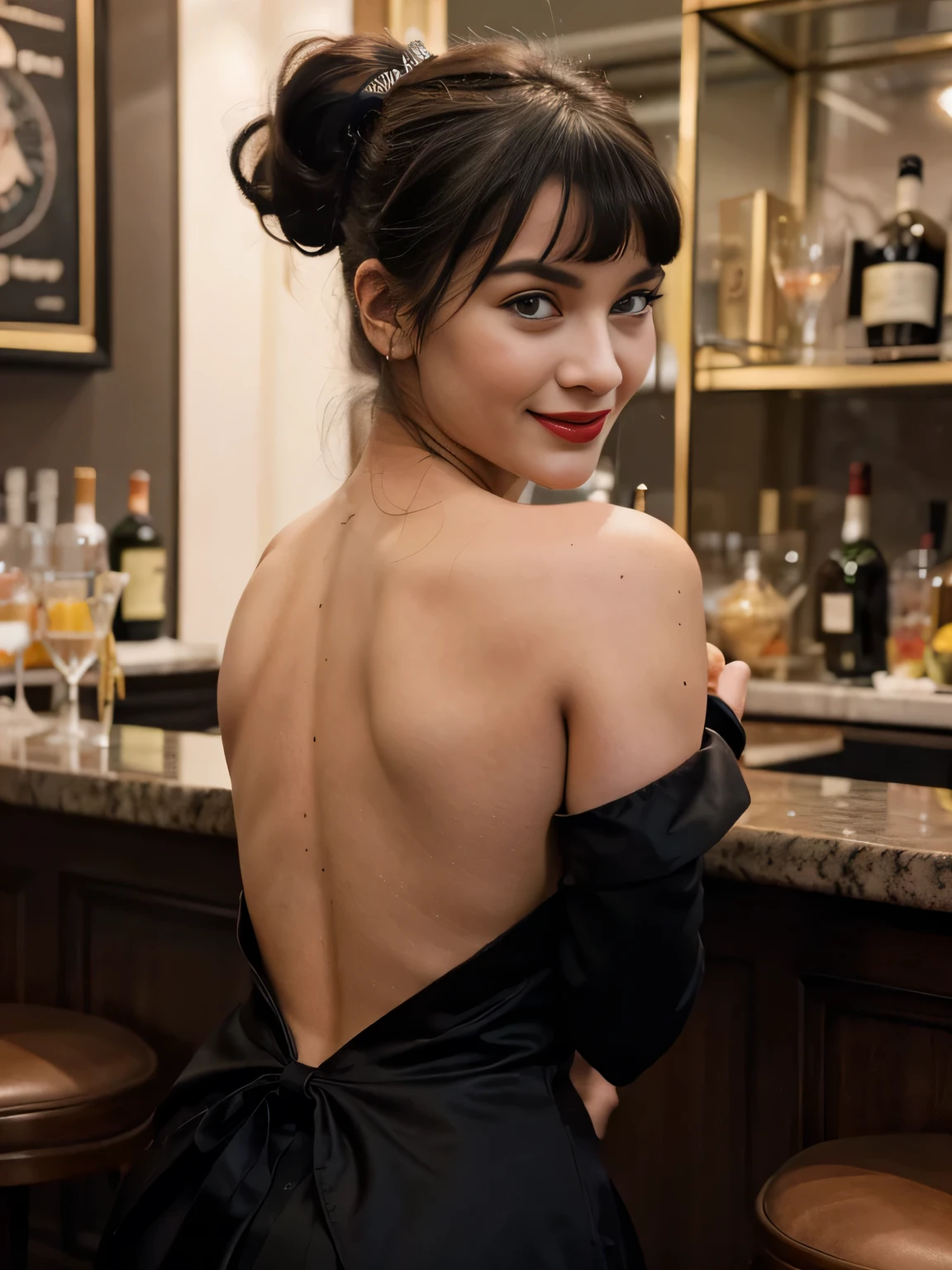 Magazine style photo of a smiling flirting with the camera Bettie page with black ponytail hair wearing a black 1900s off-the-shoulder ball dress and high black gloves inspired by Dior and Céline, red lipstick, direct lighting, at the grand hotel balloorm bar, holding from behind a gorgeous blonde woman,dark plain background, dynamic pose, beautiful body, 160 cm 50 kg, Soho, shot on Kodak Colorplus 200, film photography, f1.8 50mm lens