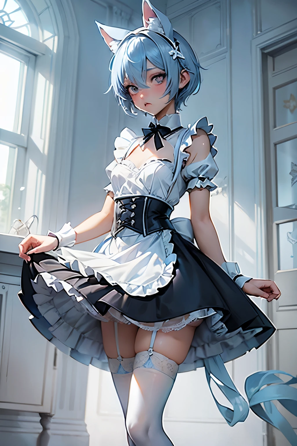 Light blue hair、short hair、Animal ears、Black maid outfit、White ribbon at chest、White socks、Light blue tail、White garter belt、Thin legischievous look、Long Skirt、light makeup、Slender figure、Small breasts、Small waist、Dim background、Confused eyes、Composition from the front、Eating pudding