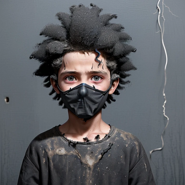 A boy in elementary school was electrocuted, covered in soot, in tatters, and his hair stood on end.