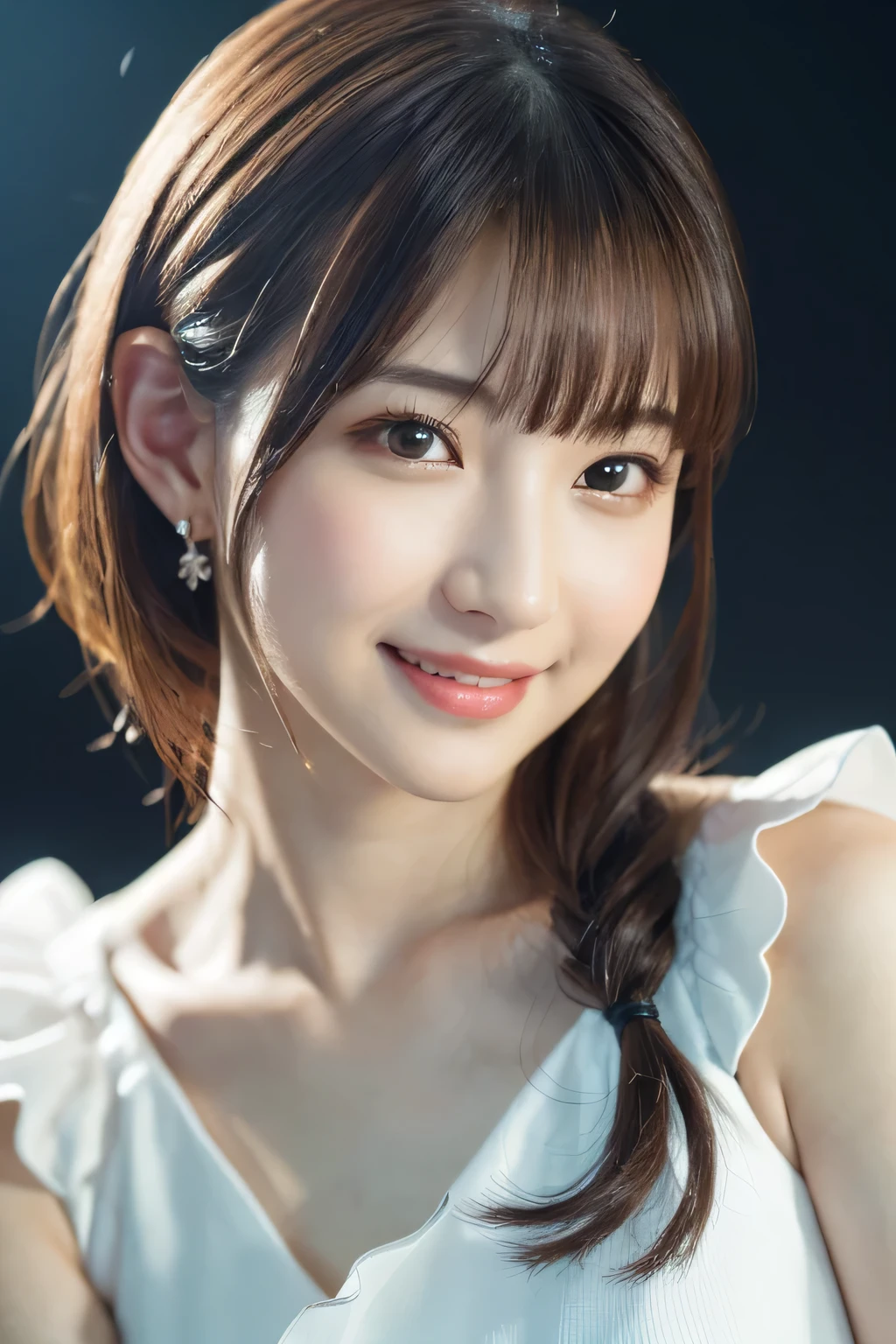 1 girl, (Wearing a white stage costume:1.2), Very beautiful Japanese idol portraits, 
(RAW Photos, highest quality), (Realistic, Realistic:1.4), (masterpiece), 
Very delicate and beautiful, Very detailed, 2k wallpaper, wonderful, finely, Very detailed CG Unity 8K wallpaper, Very detailed, High resolution, Soft Light, 
Beautiful detailed girl, Very detailed目と顔, Beautiful and sophisticated nose, Finely beautiful eyes, Cinema Lighting, 
(Simple light color background:1.3),
(Medium Hair), (bangs), 
Complete Anatomy, Slender body, Small breasts, smile