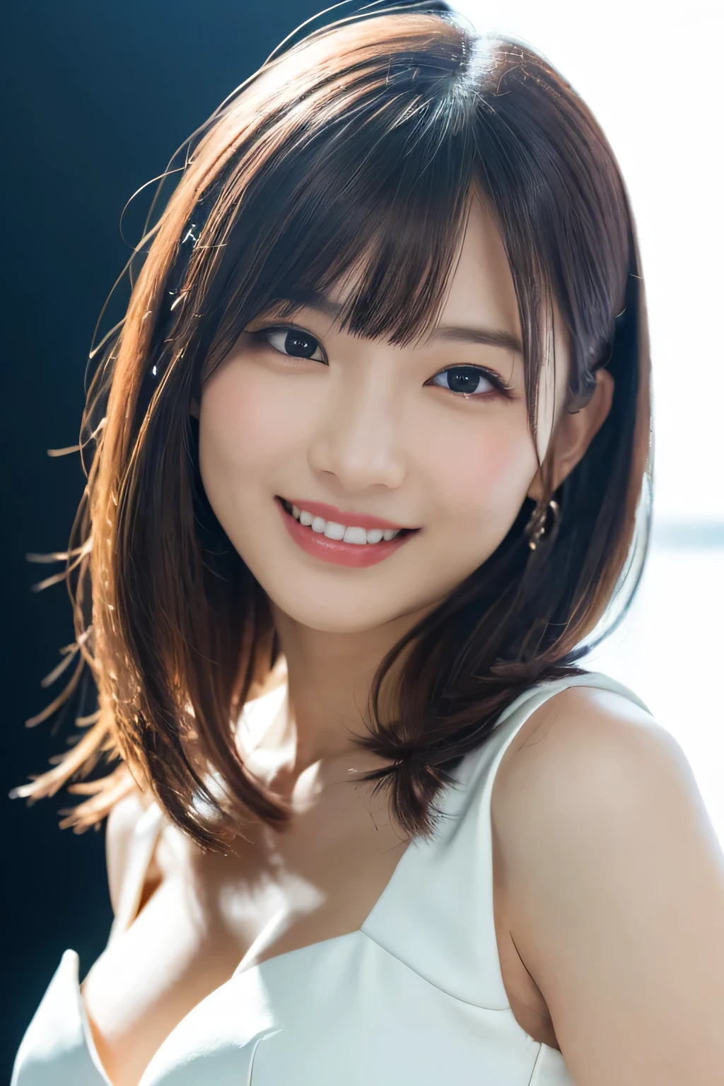 1 girl, (Wearing a white stage costume:1.2), Very beautiful Japanese idol portraits, 
(RAW Photos, highest quality), (Realistic, Realistic:1.4), (masterpiece), 
Very delicate and beautiful, Very detailed, 2k wallpaper, wonderful, finely, Very detailed CG Unity 8K wallpaper, Very detailed, High resolution, Soft Light, 
Beautiful detailed girl, Very detailed目と顔, Beautiful and sophisticated nose, Finely beautiful eyes, Cinema Lighting, 
(Simple light color background:1.3),
(Medium Hair), (bangs), 
Complete Anatomy, Slender body, Small breasts, smile