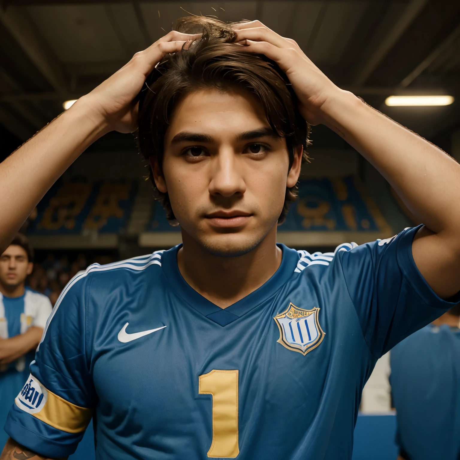 Estilo Pixar: Brown eyed boy in head 10 years , argentino, con pelo corto , para eso, camiseta de boca juniors, arquero de futbol