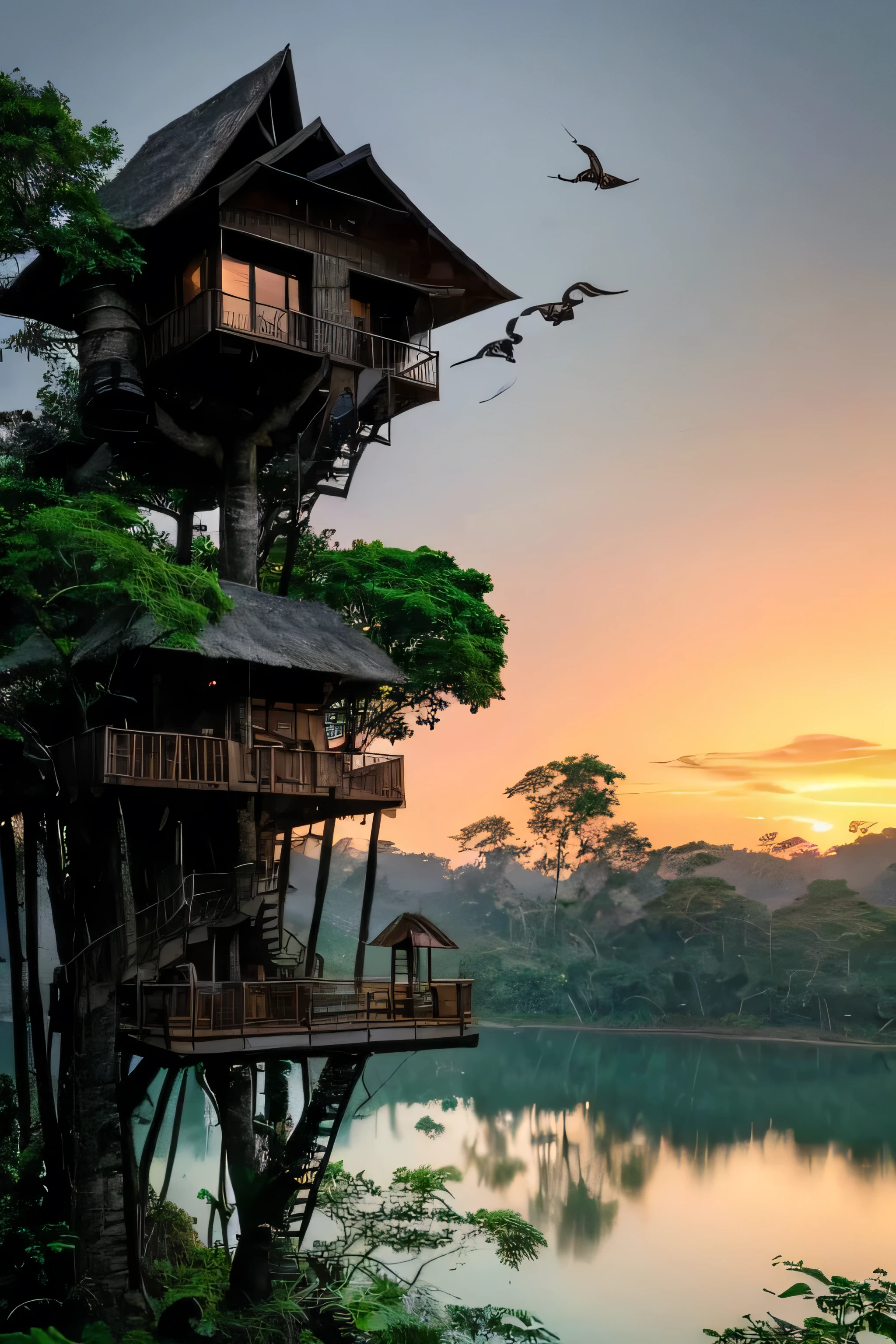 Perfection The Coolest Tree house on a large rock in the middle of the lake in the jungle with sunset, waterfall, bird flying, airroplan flying flowers in front of the house and trees on both sides of the house