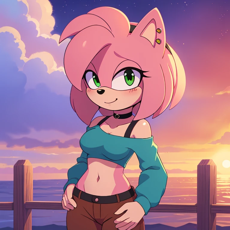 (((Amy Rose))), pink fur, green eyes, short wavy hair,1girl, solo, jewelry, looking at viewer, navel, choker, shirt, outdoors, midriff, piercings, pants, crop top, hand in pocket, blush, long sleeves, collarbone, brown pants, necklace, cowboy shot, off-shoulder shirt, black choker, off shoulder, red shirt, sky, breasts, cloud, bra strap, by Akami Mirai, (((anime art style))), (((masterpiece))), (((4k))), (((professional quality))), (((correct anatomy))), (((vibrant colours))), (((high quality)), (((HD)))