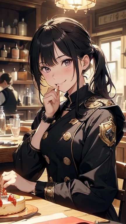 (fantasy:1.5),(anime,8k,masterpiece, top quality, best quality,beautiful and aesthetic:1.2,professional illustrasion:1.1,ultra detail:1.3,perfect lighting),extremely detailed,highest detailed,incredibly absurdres , highres, ultra detailed,intricate:1.6,(Alchemy Workshop:1.4),A girl mixing,Medicine in many small bottles,holding small potion,cute colorful:1.5,zentangle,(1girl),(girl),(Military uniform, bulletproof jacket), (double breasted,under bust:1.2), sitting at a table, cute, highest quality visual of a cute girl,eating cakes, young girl, guweiz, high quality artstyle, girl, artwork in the style of guweiz, beautiful girl, pretty girl, (highly detailed beautiful face and eyes,firm breasts),oily skin,((black,hair,long pony tail hair)),thin pubic hair,cute,lovely,24 years old,alchemist costume,Merchant's Clothing,smile,seductive weak smiling,(with sparkling eyes and a contagious smile),open mouth, Looking at Viewer,