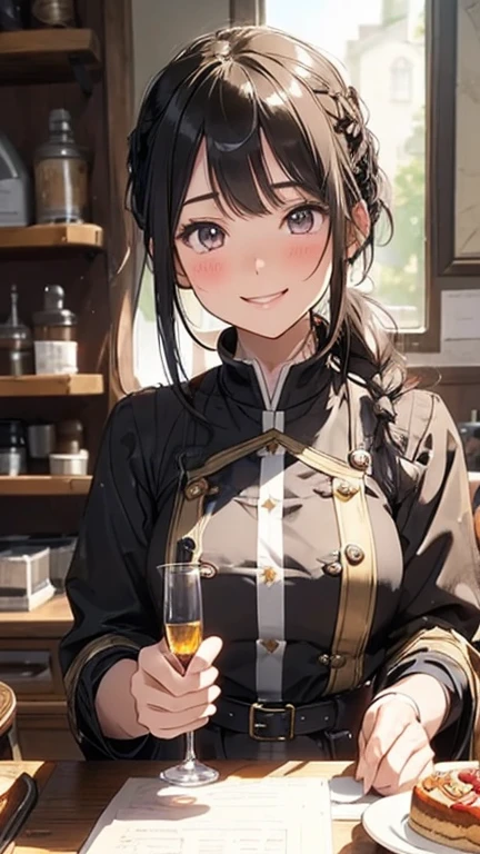 (fantasy:1.5),(anime,8k,masterpiece, top quality, best quality,beautiful and aesthetic:1.2,professional illustrasion:1.1,ultra detail:1.3,perfect lighting),extremely detailed,highest detailed,incredibly absurdres , highres, ultra detailed,intricate:1.6,(Alchemy Workshop:1.4),A girl mixing,Medicine in many small bottles,holding small potion,cute colorful:1.5,zentangle,(1girl),(girl),(Military uniform, bulletproof jacket), (double breasted,under bust:1.2), sitting at a table, cute, highest quality visual of a cute girl,eating cakes, young girl, guweiz, high quality artstyle, girl, artwork in the style of guweiz, beautiful girl, pretty girl, (highly detailed beautiful face and eyes,firm breasts),oily skin,((black,hair,long pony tail hair)),thin pubic hair,cute,lovely,24 years old,alchemist costume,Merchant's Clothing,smile,seductive weak smiling,(with sparkling eyes and a contagious smile),open mouth, Looking at Viewer,