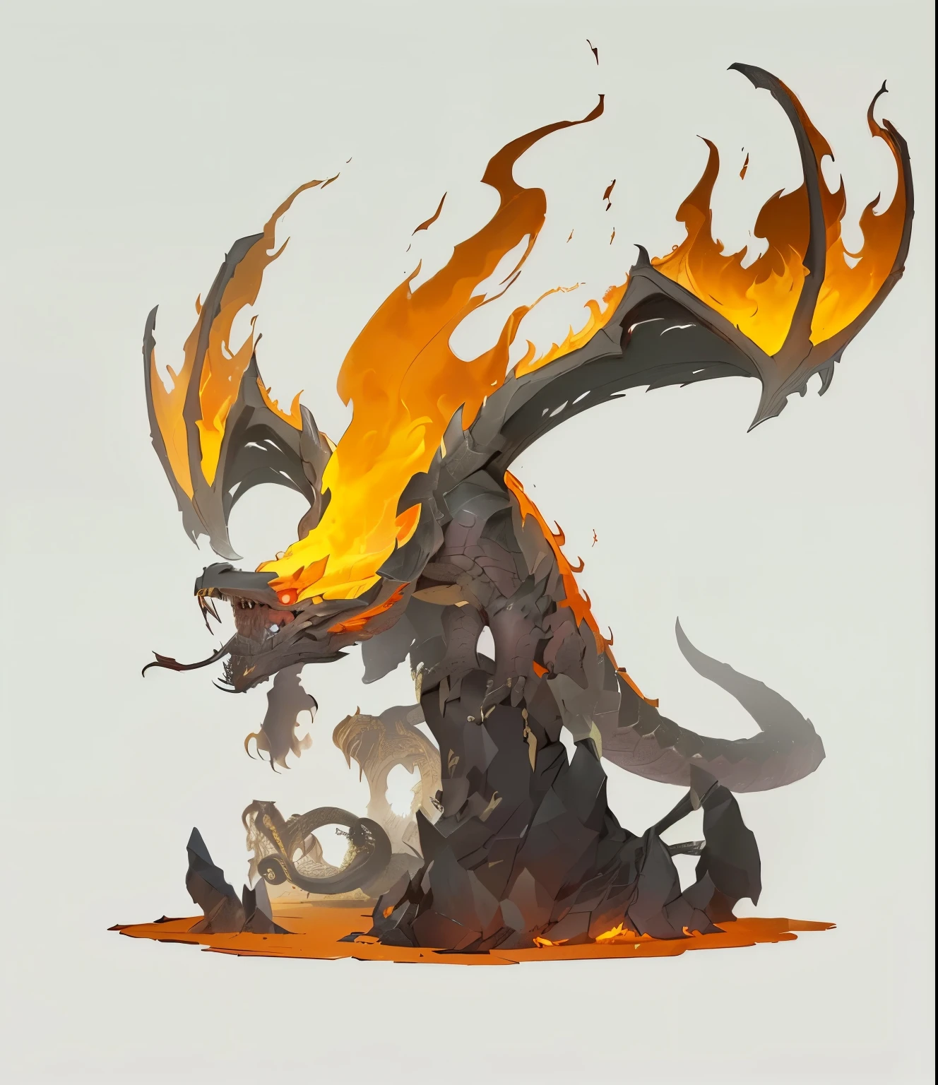 There was a dragon with fire on its head sitting on the ground, Fire Devil, Full body dragon concept, Dragon made of lava, Fire Demon concept art, dragon our species, The devil in hell is a dragon, Dota 2 concept art, Concept art design illustration, 喷Fire Dragon, Fire Dragon, author Shen Zhou, author：Yang Jie, Monster concept art