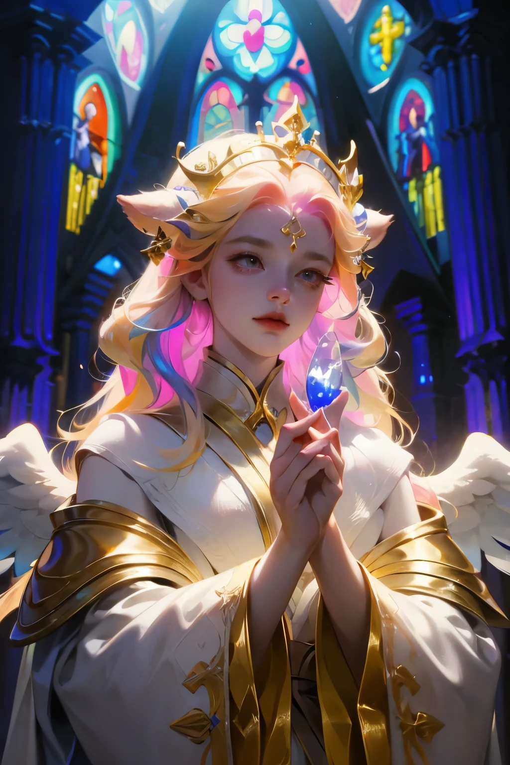 Light(Fantasy Sisters, Gold-decorated robe, pray, church)Super exquisite illustrations(Multicolored Glass, Volumetric lighting backlight good lighting, Colorful refraction)Depth of Field(Very detailed and beautiful face and eyes)Perfect anatomical structure(Angel-like cute 1boy)(Furry Orc)(Fur-covered body animal facial featuresAnimal body features)(Animal muzzle highly detailed fur)Chibi whole body