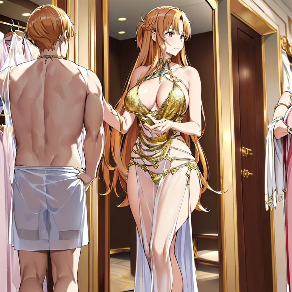 ((highest quality)), ((masterpiece)), (detailed), Perfect Face、(Yuuki Asuna)、(Woman has brown hair)、((女はcloth shopで試着室から出て嬉しそう男に抱きつく))、((The man looks with satisfaction at the woman who leaves the fitting room.))、((The woman is wearing a flashy, shiny, gold, see-through dress with a long slit.))、Gold racy bra and pantiean dressed casually、((The man has a strong body and a big dick and balls))、(The woman looks happy)、cloth shop