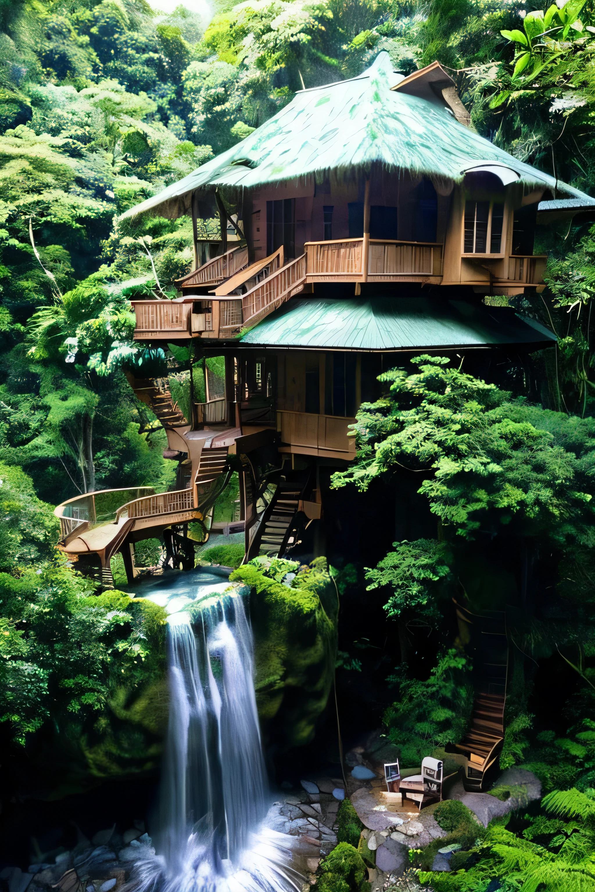 Perfection The Coolest tree house on a large rock in the middle of the jungle in The morning with waterfall, flowers in front of the house and trees on both sides of the house