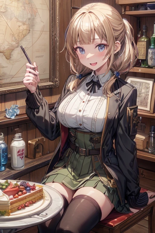 (fantasy:1.5),(anime,8k,masterpiece, top quality, best quality,beautiful and aesthetic:1.2,professional illustrasion:1.1,ultra detail:1.3,perfect lighting),extremely detailed,highest detailed,incredibly absurdres , highres, ultra detailed,intricate:1.6,(Alchemy Workshop:1.4),A girl mixing,Medicine in many small bottles,holding small potion,cute colorful:1.5,zentangle,(1girl),(girl),(Military uniform, bulletproof jacket), (double breasted,under bust:1.2), sitting at a table, cute, highest quality visual of a cute girl,eating cakes, young girl, guweiz, high quality artstyle, girl, artwork in the style of guweiz, beautiful girl, pretty girl, (highly detailed beautiful face and eyes,firm breasts),oily skin,((black,hair,long pony tail hair)),thin pubic hair,cute,lovely,24 years old,alchemist costume,Merchant's Clothing,smile,seductive weak smiling,(with sparkling eyes and a contagious smile),open mouth, Looking at Viewer,