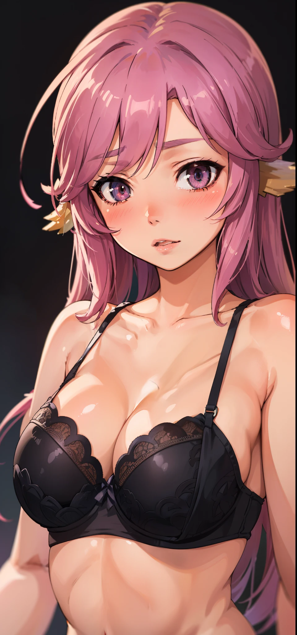Jibril, ((upper body)), blushed, perfect anatomy, detailed eyes, detailed lips, extremely detailed eyes and face, vivid colors, sharp focus, masterpiece:1.2, ultra-detailed, blushed, ((doggystyle)), (solo), ((bra)), sleeveless.