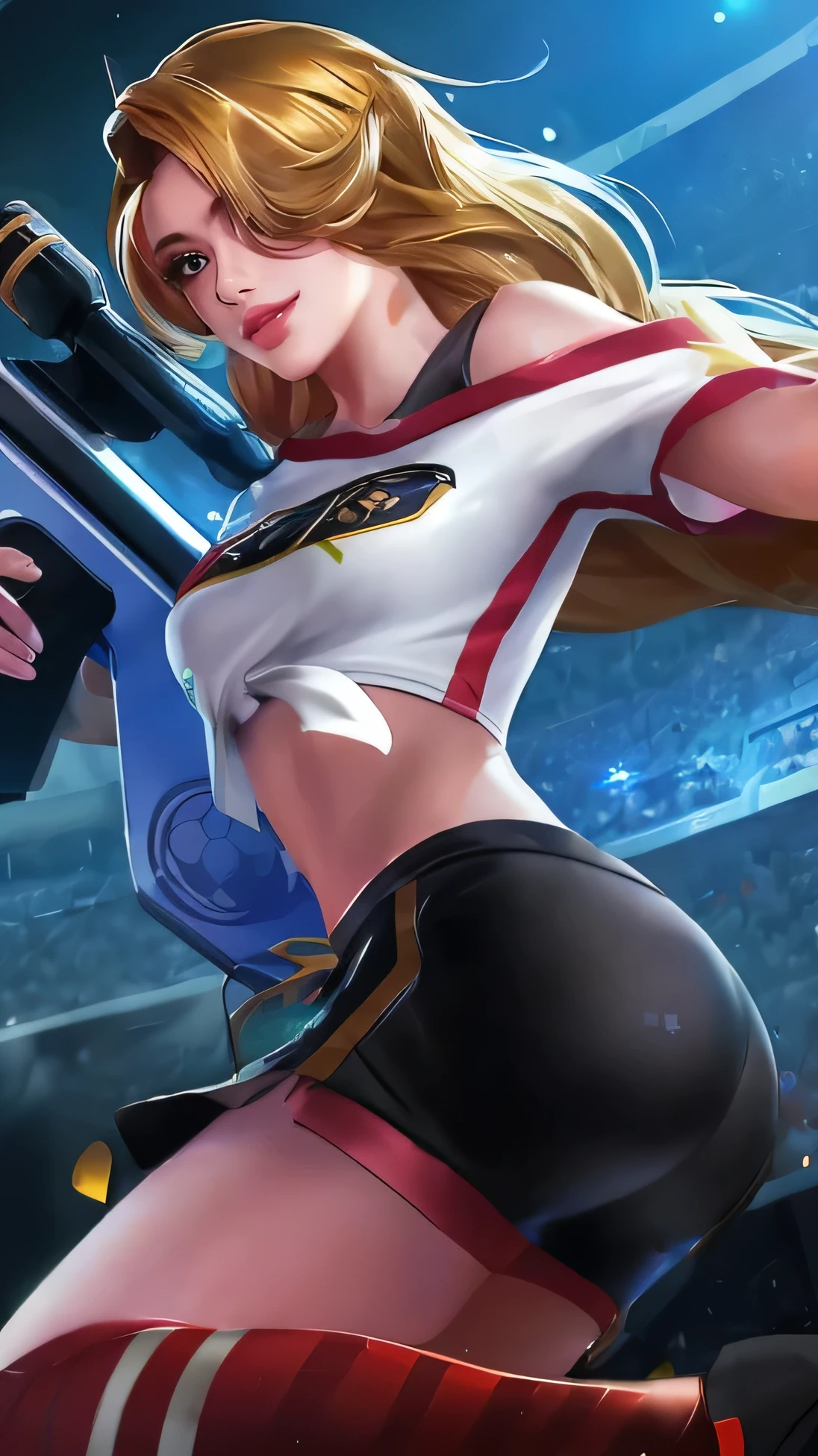 a close up of a woman holding a gun in a stadium, kda, senna from league of legends, phone wallpaper, phone background, extremely detailed artgerm, mobile wallpaper, wallpaper mobile, kda and sam yang, hq 4k phone wallpaper, ig model | artgerm, miss fortune, irelia, full body xianxia, ashe