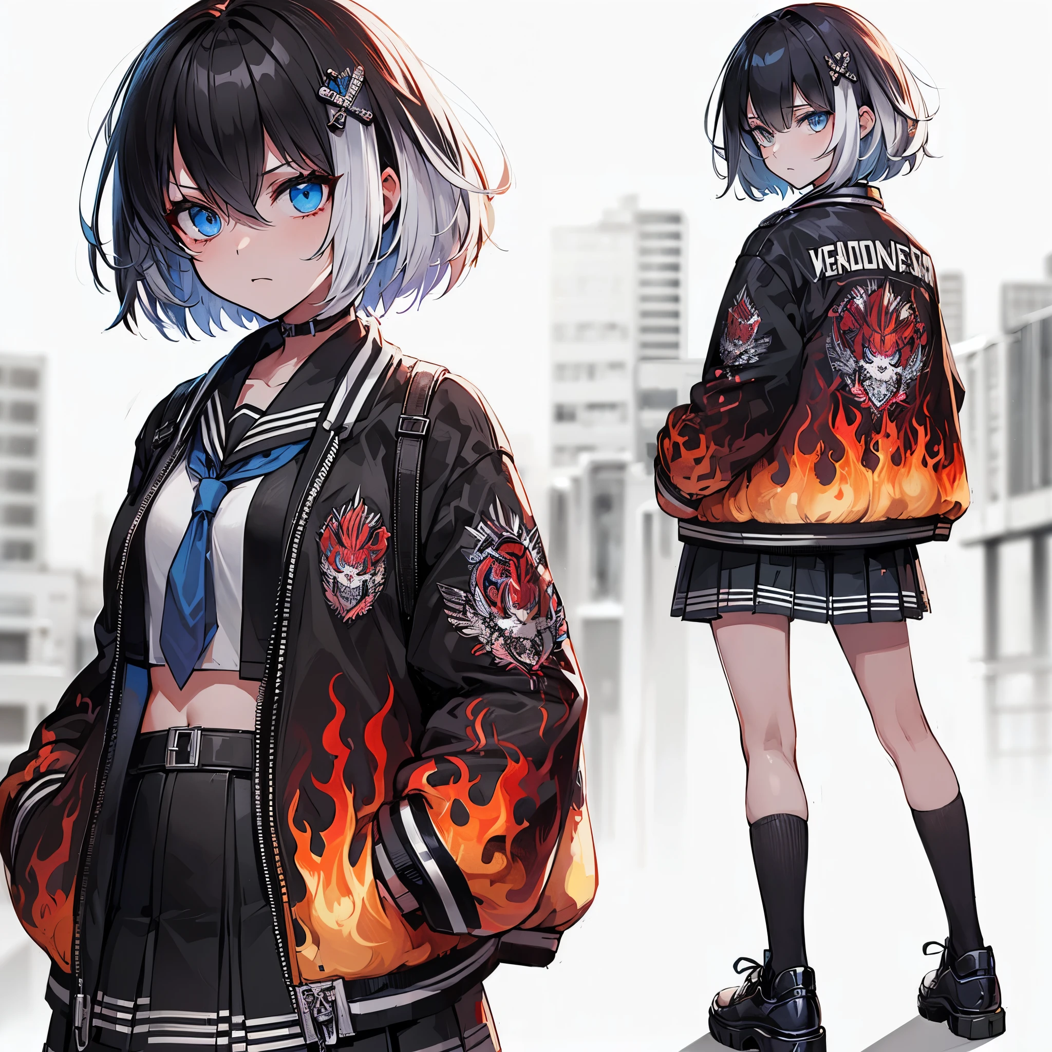 (Masterpiece, top quality), (detailed hair), super detailed, anime style, full body, solo, concept art, badness high school girl, medium short black hair mixed with white hair, Rebellious, sky-blue eyes, wearing fire patterned jacket over black , school shoes, standing in urban area, white background, whole body,
