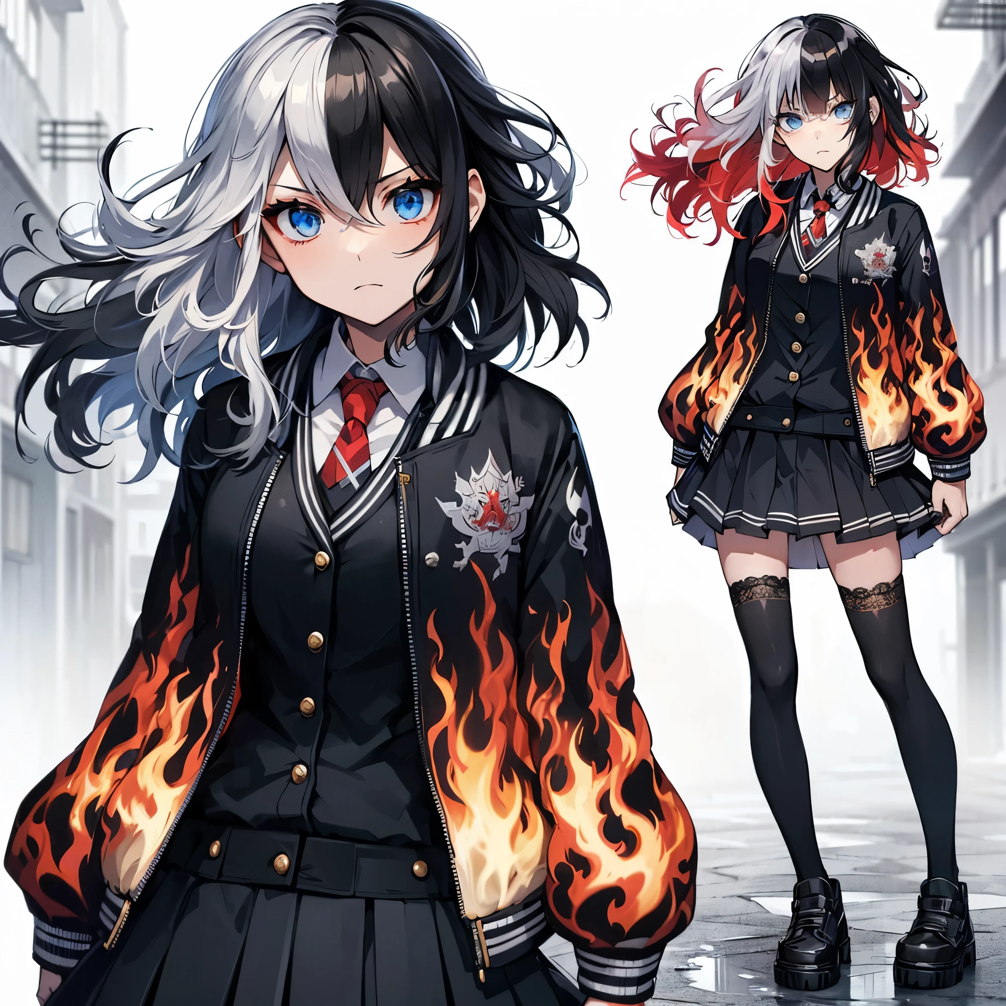 (Masterpiece, top quality), (detailed hair), super detailed, anime style, full body, solo, concept art, badness high school girl, medium short black hair mixed with white hair, Rebellious, sky-blue eyes, wearing fire patterned jacket over black , school shoes, standing in urban area, white background, whole body,
