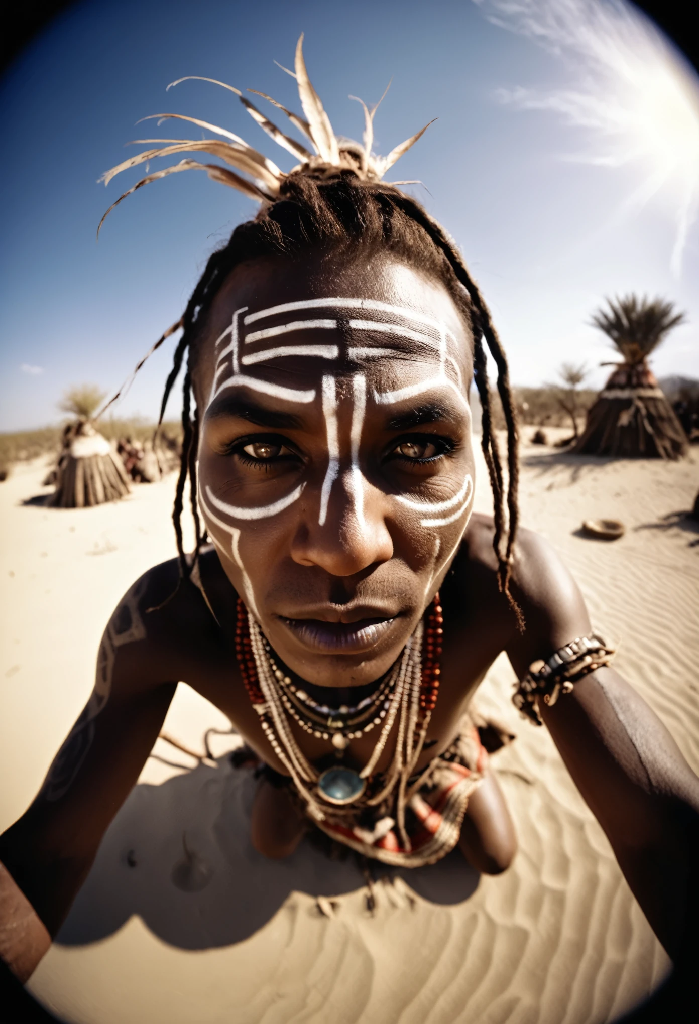 witch doctor leaning over the viewer,fisheye-lense-photo,tribal,desert,voodoo ritual, Ultra-HD-details,