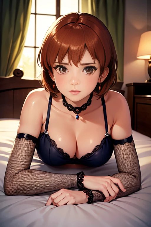 (masterpiece, highest quality, High resolution, 8k, High quality anime illustrations, Realistically), ((Nausicaa lying on her back with her legs spread apart on the bed)), very cute,  , blush, eyeを半分閉じる, Pout your lips, Moist and beautiful lips,  (alone), Bright reddish brown hair, short hair, Red Gem Earrings, Beautiful moist eyes, Beautiful big breasts,  Bichibichi, Mesh underwear, Fishnet stockings, garter belt, High school girl uniform, Perfect beauty, Slim body, (Perfect and detailed anatomy, Beautiful and elaborate face&eye:1.5, Shiny skin, Perfect proportions), Luxury hotel suites, (Staring at the audience), I want to see the whole body。