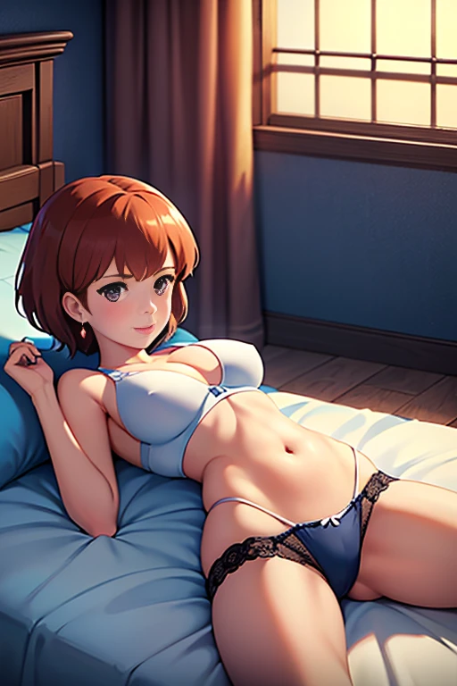 (masterpiece, highest quality, High resolution, 8k, High quality anime illustrations, Realistically), ((Nausicaa lying on her back with her legs spread apart on the bed)), very cute, , blush, eyeを半分閉じる, Pout your lips, Moist and beautiful lips, (alone), Bright reddish brown hair, short hair, Red Gem Earrings, Beautiful moist eyes, Beautiful big breasts, Bichibichi, Mesh underwear, Fishnet stockings, garter belt, High school girl uniform, Perfect beauty, Slim body, (Perfect and detailed anatomy, Beautiful and elaborate face&eye:1.5, Shiny skin, Perfect proportions), Luxury hotel suites, (Staring at the audience), I want to see the whole body。