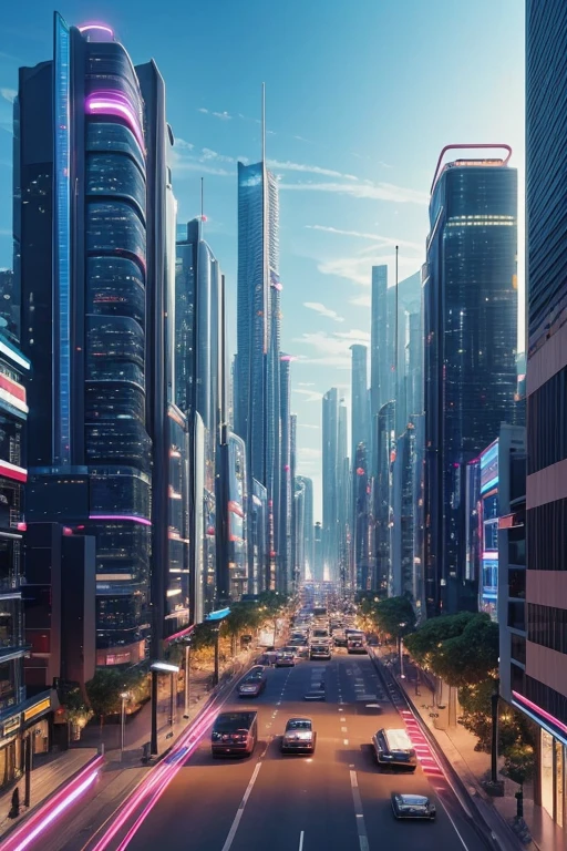 (cidade futurista:1.2), (Cidade de Shambala), Advanced architecture, ruas movimentadas, jardins verticais, high-tech skyscrapers, sistema de transporte futurista, flying vehicles, plataformas flutuantes, sociedade movida pela tecnologia, luzes de neon, holographic displays, energetic atmosphere, cores vibrantes, designs elegantes, fachadas de vidro, mercados movimentados, advanced AI systems, fontes de energia limpa, sustainable infrastructure, efficient public transport, passarelas elevadas, aerial views, horizonte expansivo, planejamento urbano inovador, perfect integration of nature and technology, architectural wonders, tecnologia de cidade inteligente, automated services, cutting-edge advances, harmonious coexistence of humans and machines, utopian vision.