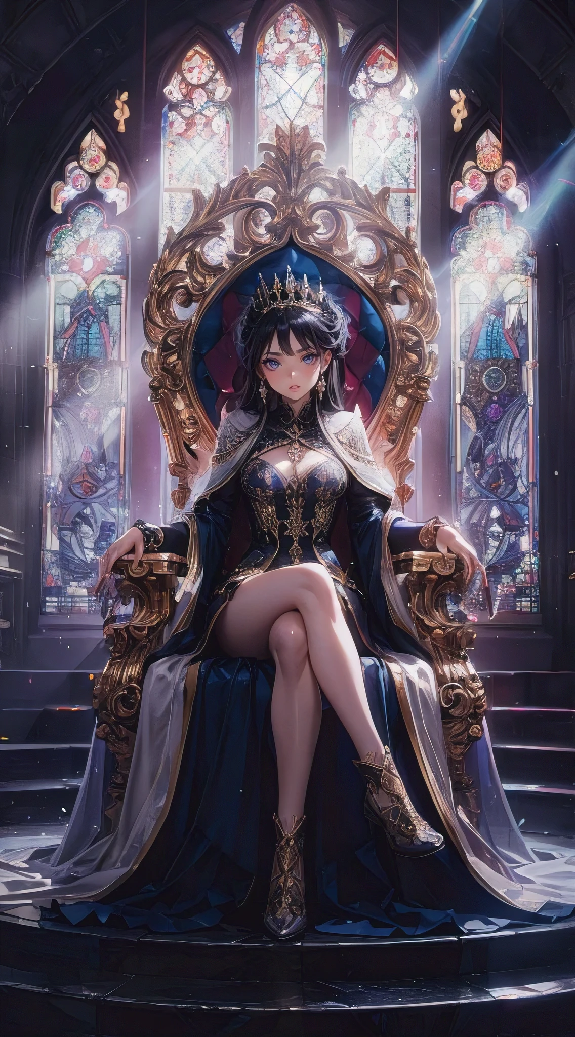 A masterfully crafted 3D render of an evil queen sitting on a grand, ornate throne in a dimly lit room. The queen, with her mesmerizing beauty, exudes both power and darkness. Her outfit is a blend of traditional royal attire and modern fashion, adorned with shimmering materials and intricate designs. Behind her, the stained glass windows cast a vivid Tyndall effect, with beams of light piercing through the darkness and creating a haunting atmosphere. The room itself is a blend of gothic and modern architecture, adding to the unsettling aura surrounding the queen. This illustration is a breathtaking example of anime realism, showcasing the artist's incredible skill and attention to detail., 3d render, anime, fashion, illustration