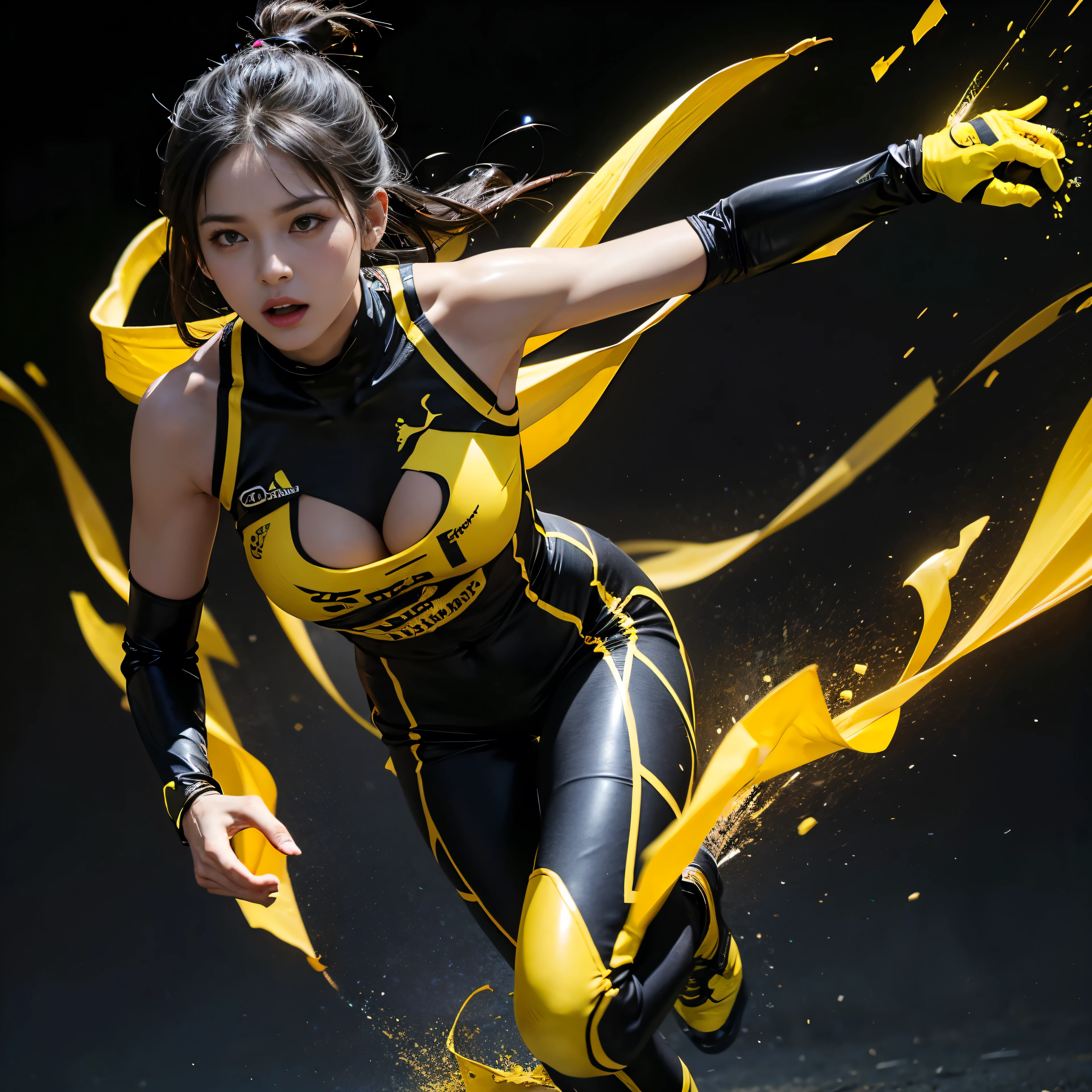 Wearing black and yellow tights、Background with female athlete running,Black and yellow body painting, Black and yellow body, Black body paint, dynamic active Running posture, Running posture, Smooth dark yellow skin, Elegant Black, Body and leg robotics, sprint, Exaggerated muscular physique, Black Leather, Smooth colored armor, Physically Based Rendering, human body breaking away