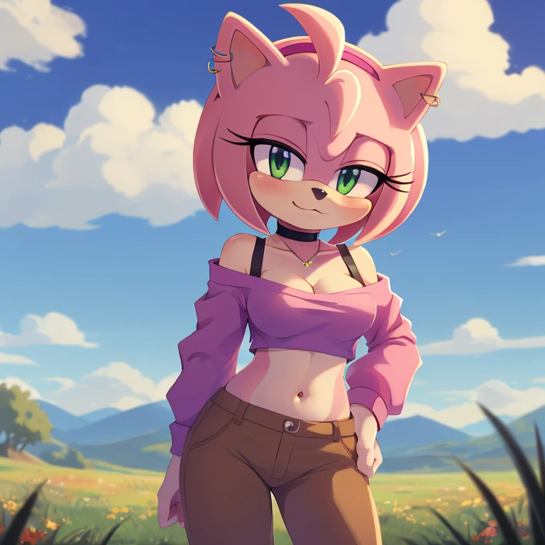 (((Amy Rose))), pink fur, green eyes, short wavy hair,1girl, solo, jewelry, looking at viewer, navel, choker, shirt, outdoors, midriff, piercings, pants, crop top, hand in pocket, blush, long sleeves, collarbone, brown pants, necklace, cowboy shot, off-shoulder shirt, black choker, off shoulder, red shirt, sky, breasts, cloud, bra strap, by Akami Mirai, (((anime art style))), (((masterpiece))), (((4k))), (((professional quality))), (((correct anatomy))), (((vibrant colours))), (((high quality)), (((HD)))