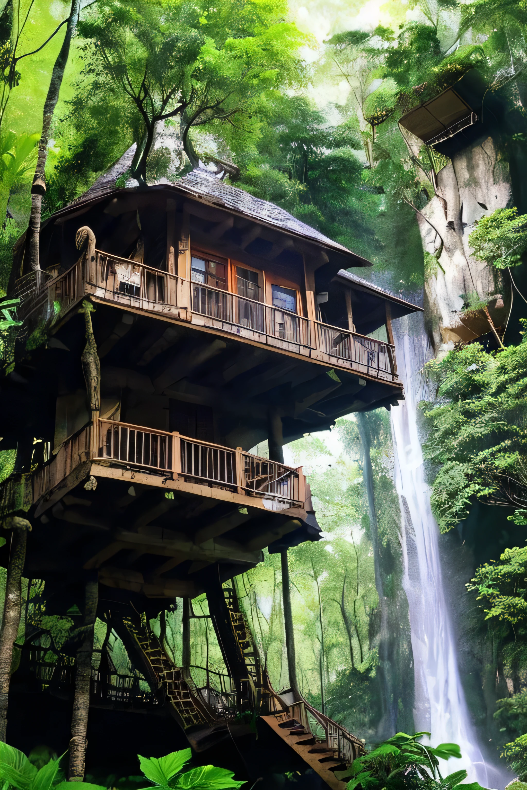 Perfection The Coolest tree house on a large rock in the middle of the jungle in The morning with waterfall, flowers in front of the house and trees on both sides of the house