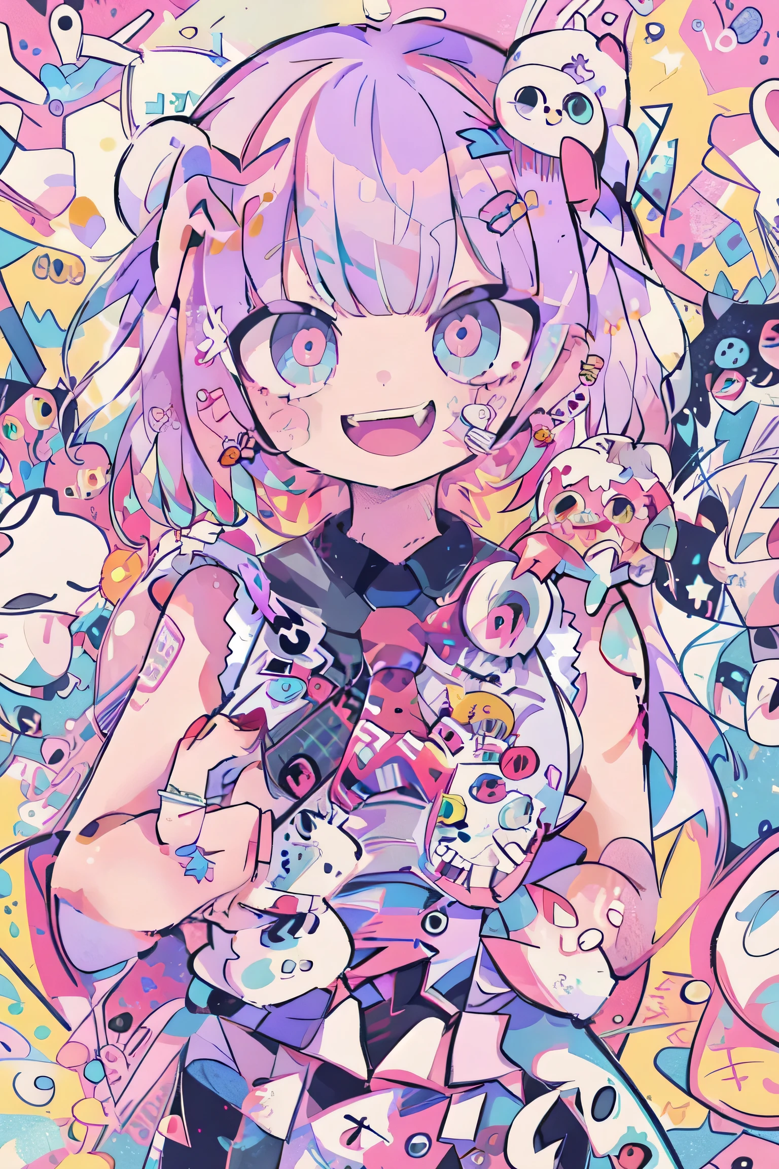 1 Girl,trumpet,White hair,Solitary,Hair accessories，Heterochromia,tie,Smile,Heart,Looking at the audience,Colorful hair,Heart Hair accessories,shirt,Purple Eyes,Upper Body,Long hair,black shirt,x Hair accessories,bandage,jacket,broken Heart,sticker,Bangs,demon trumpet,Long sleeve,Off-shoulder,Off-shoulder,sleeveless,Hairpin,Grin,sleeveless shirt,rich and colorful,
